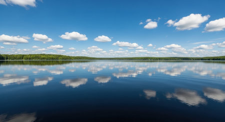 A wide view of a calm lake with clear blue water reflecting white clouds and a distant green forest under a bright blue sky.の素材