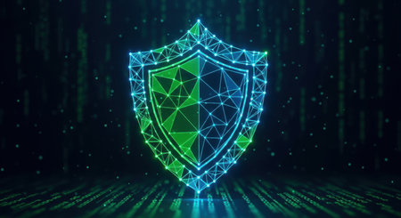 Digital shield icon with glowing lines and dots, symbolizing cybersecurity and data protection against a dark background with falling code.の素材