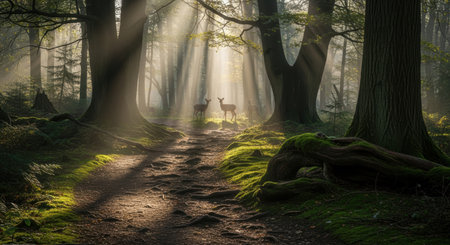 A winding dirt trail leads through an ancient misty forest with sunbeams piercing through the trees. Two deer stand peacefully in the sunlit clearing, surrounded by mossy roots.の素材
