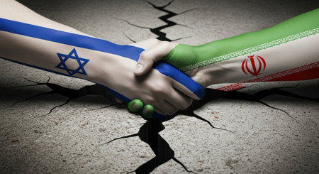 Two hands, one painted with the israeli flag and the other with the iranian flag, shake hands over a cracked surface, symbolizing diplomacy and reconciliation.の素材