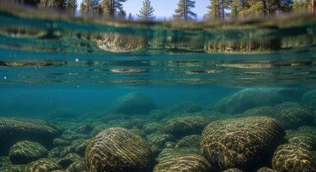Unique split view of a clear freshwater lake, showing the rocky bottom underwater and the reflection of pine trees and blue sky on the surface.の素材