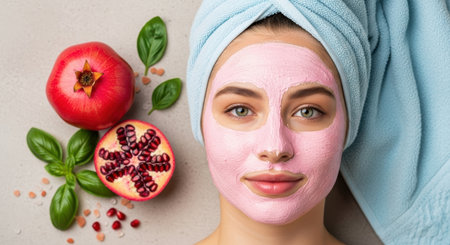 Young woman with a pink facial mask and a blue towel on her head, next to pomegranates and natural ingredients. Concept of natural skincare and beauty routine.の素材