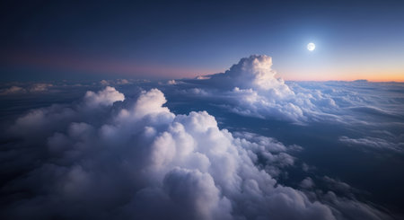 Expansive aerial view above a sea of fluffy cumulus clouds with a bright full moon in the twilight sky. Horizon shows soft gradient colors.の素材
