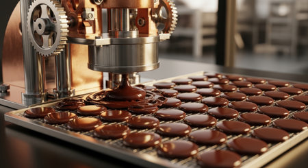 A close up view of a chocolate press machine depositing liquid chocolate onto a tray, forming numerous chocolate drops or coins. This industrial process highlights confectionery production.の素材
