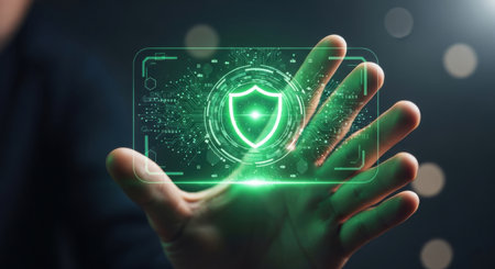 A male hand holds a glowing green shield icon, symbolizing digital security, data protection, and internet privacy. The futuristic interface represents advanced cyber defense technology and network safety.の素材