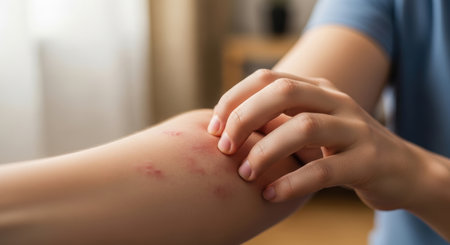 A close up of a human arm with red, inflamed skin and visible welts, being scratched by a hand. This image depicts a common skin reaction like an allergy, rash, or insect bite.の素材