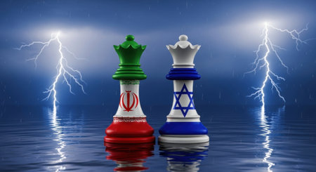 Two chess queen pieces, one with the iranian flag and the other with the israeli flag, stand on a reflective water surface. A stormy sky with lightning highlights the concept of geopolitical tension and conflict.の素材