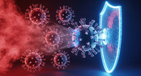 A digital illustration depicts red virus particles attacking a glowing blue shield, symbolizing protection and defense against disease and infection.の素材
