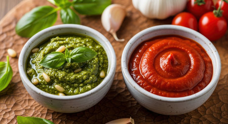 Two bowls of vibrant green pesto with basil and pine nuts, alongside rich red tomato sauce. Fresh garlic, basil, and tomatoes are visible in the background on a wooden surface.の素材