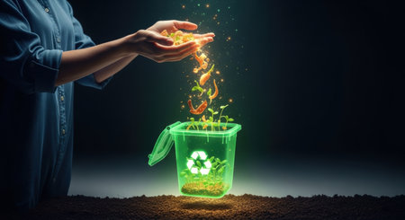 Woman hands release organic waste into a glowing green recycling bin with a recycle symbol, where sprouts grow from soil, symbolizing composting and environmental sustainability.の素材