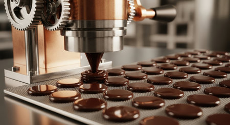 A close up of a chocolate coin press machine dispensing molten chocolate onto a tray of cooling chocolate discs, showcasing industrial food production.の素材