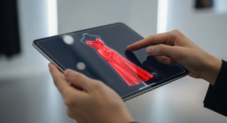 Hands hold a tablet displaying a holographic red dress on a mannequin, showcasing augmented reality for virtual fashion try on and digital shopping experience.の素材