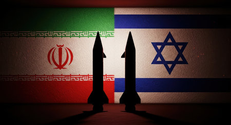 Two missile silhouettes stand against the flags of iran and israel, symbolizing geopolitical tension and potential conflict between the nations.の素材