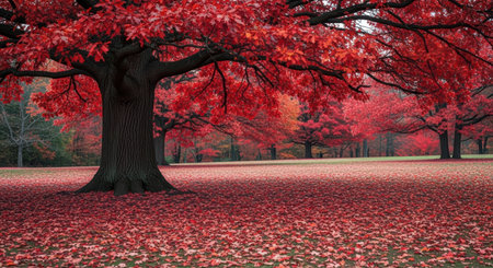 A large oak tree with vibrant red autumn leaves stands in a park. The ground is covered with a thick carpet of fallen red leaves, creating a colorful seasonal landscape.の素材