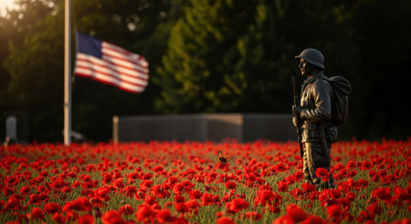 A solemn war memorial featuring a soldier statue standing in a vast field of vibrant red poppies. An american flag waves proudly in the background under golden hour light, symbolizing remembrance and sacrifice.の素材