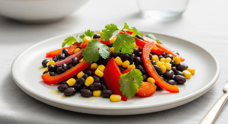 A vibrant black bean salad with corn, red bell pepper, tomato, red onion, and fresh cilantro on a white plate. Healthy and delicious vegan food.の素材
