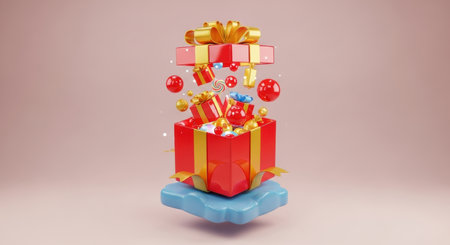 A vibrant red gift box bursts open, revealing smaller presents, golden and red ornaments, and a candy cane, all floating above a blue cloud. Ideal for festive and celebratory themes.の素材