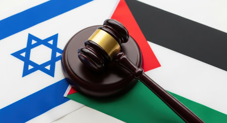 A wooden gavel rests on the flags of israel and palestine, symbolizing legal concepts, international conflict, and the pursuit of peace and resolution.の素材