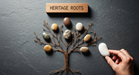 A conceptual family tree made of twigs with natural stones representing generations on a dark slate background. A hand places a stone, symbolizing growth and connection to heritage roots.の素材