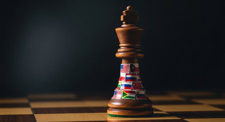 A wooden chess king piece adorned with various national flags stands on a chessboard. Symbolizing global strategy, international relations, and geopolitical power dynamics.の素材