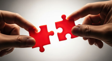 Two hands hold two bright red puzzle pieces, positioned to interlock against a light background. This symbolizes problem solving, teamwork, and finding a solution.の素材