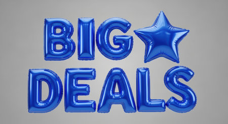 Blue inflatable balloon letters spelling big deals with a star replacing the letter i in big. Represents discounts, sales, and special offers.の素材