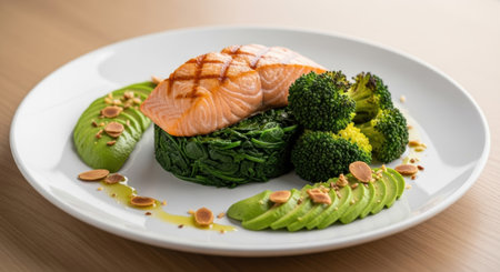 A gourmet dish featuring grilled salmon, fresh spinach, steamed broccoli, and sliced avocado on a white plate. Garnished with almonds and olive oil, representing a healthy, balanced meal.の素材