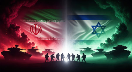 A dramatic military standoff between iran and israel, symbolized by their national flags, with silhouetted soldiers and tanks amidst smoke and contrasting red and green lights.の素材