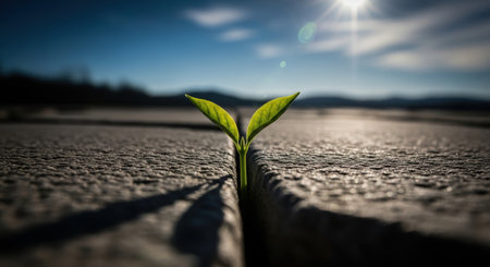 A resilient green seedling with two leaves pushes through a crack in weathered stone, illuminated by bright sunlight. Symbolizes growth, new life, and overcoming adversity.の素材