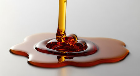Thick, golden maple syrup pours onto a light grey surface, forming a viscous, sweet puddle. Ideal for food, breakfast, and dessert concepts.の素材