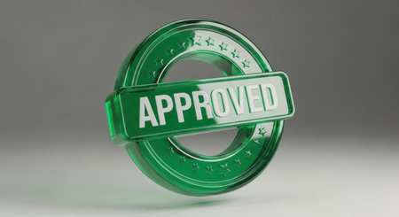 A glossy green transparent circular stamp with the word approved on a rectangular bar across its center. It features stars around the edge, symbolizing quality, validation, and official agreement.の素材