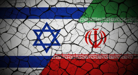 A conceptual image showing the flags of israel and iran split diagonally with a cracked texture, symbolizing international conflict and tension between the two nations.の素材