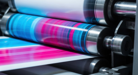 Close up of an industrial printing press in operation, showing rollers transferring vibrant blue and pink ink onto paper. Highlights the high speed printing process and machinery.の素材