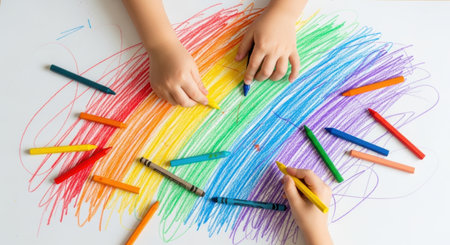 Child hands coloring a vibrant rainbow design on white paper with colorful wax crayons. Concept of childhood creativity, art education, and playful learning.の素材