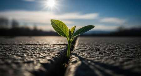 A small green seedling with two leaves pushes through a crack in weathered concrete under a bright sun, symbolizing new life, growth, and resilience in challenging environments.の素材