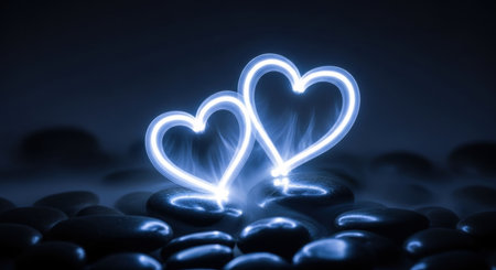 Two glowing blue heart shapes made of ethereal light softly pulsating on a surface of dark, smooth stones with mist. Symbolizes love, connection, and romance.の素材