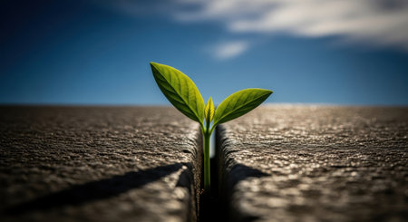 A small green seedling with two leaves pushes through a crack in a weathered concrete surface under a clear blue sky. Symbolizes new life, growth, and resilience.の素材