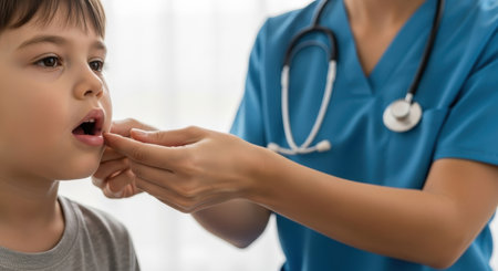 A young boy receiving medicine from a healthcare professional in blue scrubs during a medical check up. This scene illustrates pediatric care, treatment, and health.の素材