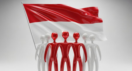 A glossy 3d illustration featuring the waving indonesian flag behind stylized red and white human figures, symbolizing unity and the nation people.の素材
