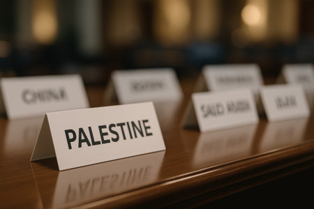 A close up view of a nameplate for palestine on a polished wooden conference table, with other country nameplates blurred in the background, suggesting an international diplomatic meeting or summit.の素材