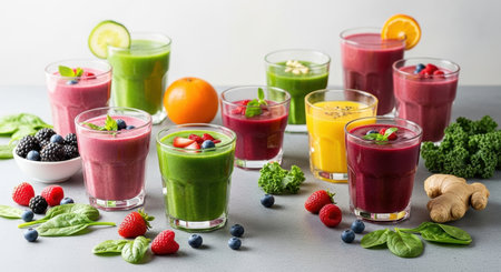 Vibrant assortment of fresh fruit and vegetable smoothies in various colors, surrounded by ingredients like berries, spinach, and ginger, on a light background.の素材