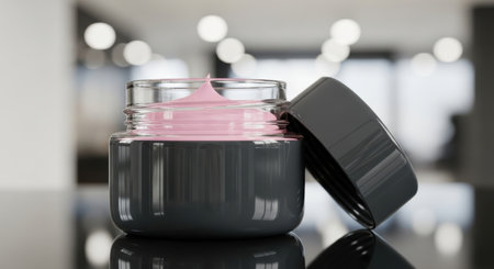 An open dark grey cosmetic jar with a clear glass top filled with pink cream, placed on a reflective surface. The dark lid rests beside the jar, showcasing skincare and beauty product concept.の素材