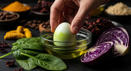 A hand dips a naturally dyed green egg into a bowl of liquid, surrounded by fresh spinach, red cabbage, turmeric, and other natural ingredients for dyeing.の素材