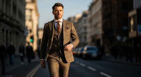 A confident man in a stylish brown plaid three piece suit walks purposefully on a sunny city street. This image conveys professionalism, urban lifestyle, and modern business fashion.の素材
