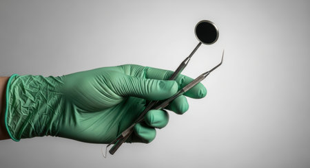 A hand in a green medical glove holds two dental tools, a mirror and a probe, against a light background. This image represents dental care, hygiene, and professional examination.の素材