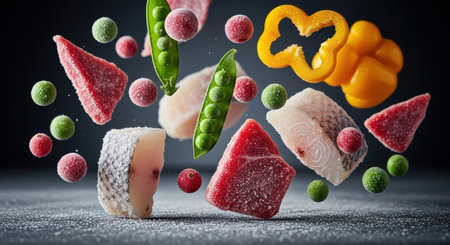 Frozen fish, meat, peas, berries, and bell pepper pieces falling on a dark background. This studio shot captures various healthy ingredients for cooking.の素材