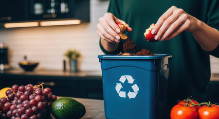 Woman hands place organic food scraps into a blue compost bin with a recycling symbol in a modern kitchen. Fresh fruits are on the counter, highlighting sustainable living, waste reduction, and eco friendly practices.の素材