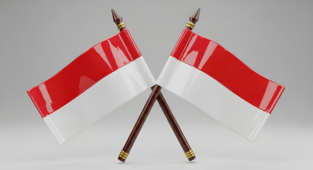Two indonesian flags with red and white stripes are crossed on poles, symbolizing national pride and unity. The glossy, three dimensional flags are prominently displayed.の素材