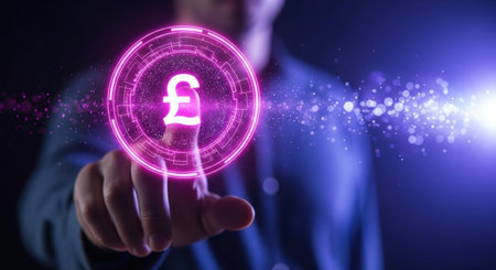 A man finger touches a glowing digital interface with a pound sterling symbol, representing online finance, currency, and technology.の素材