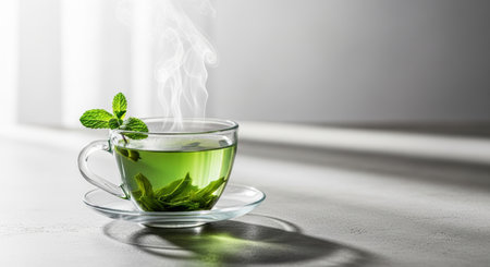 A clear glass teacup filled with steaming green tea and fresh mint leaves, placed on a matching saucer. The hot beverage is on a grey surface with natural light and shadows, highlighting a healthy drink.の素材